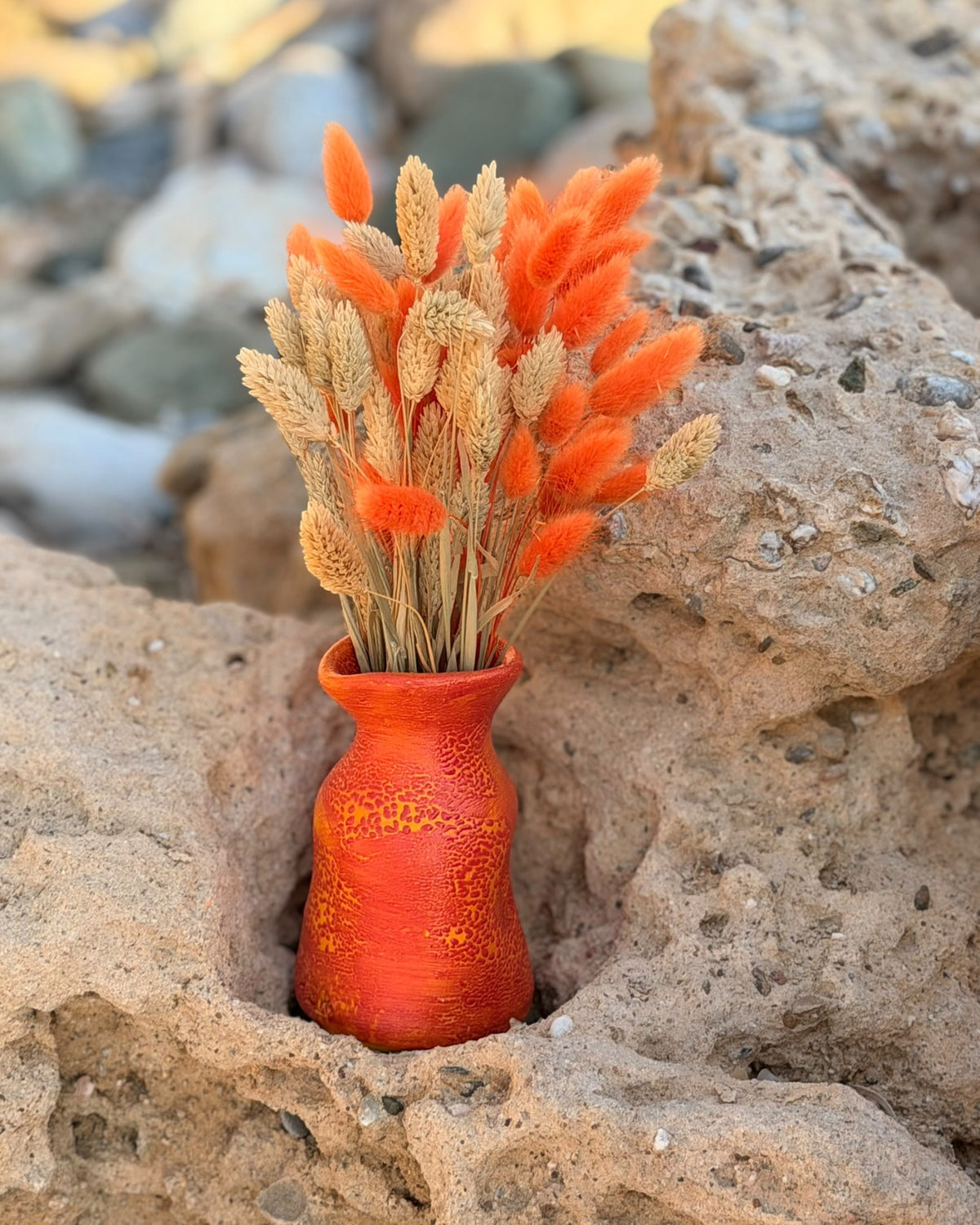 Petit Vase in Speckled Coral Red-Yellow with Dry Flowers