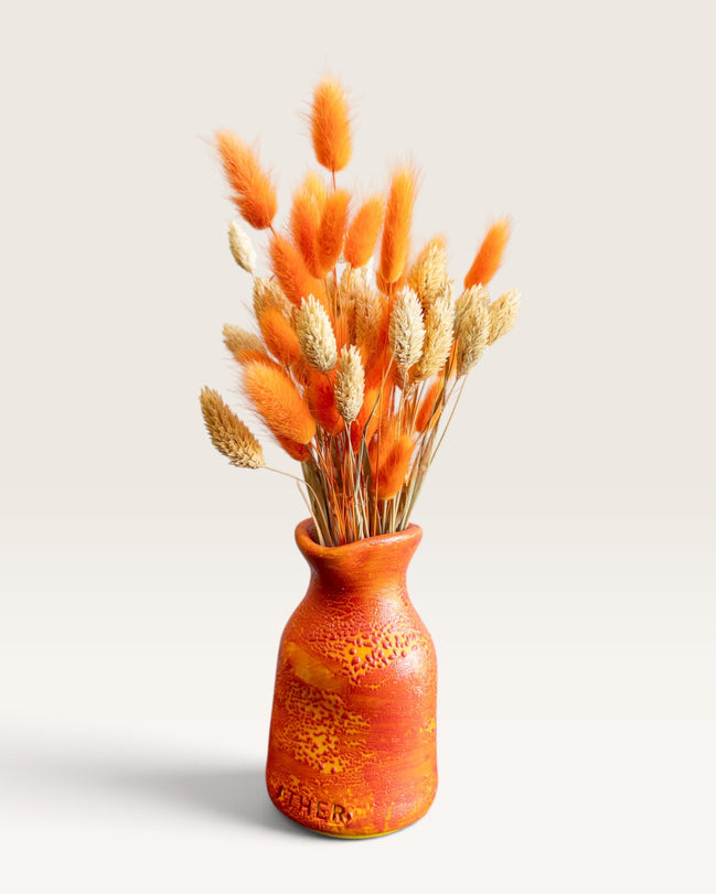 Petit Vase in Speckled Coral Red-Yellow with Dry Flowers
