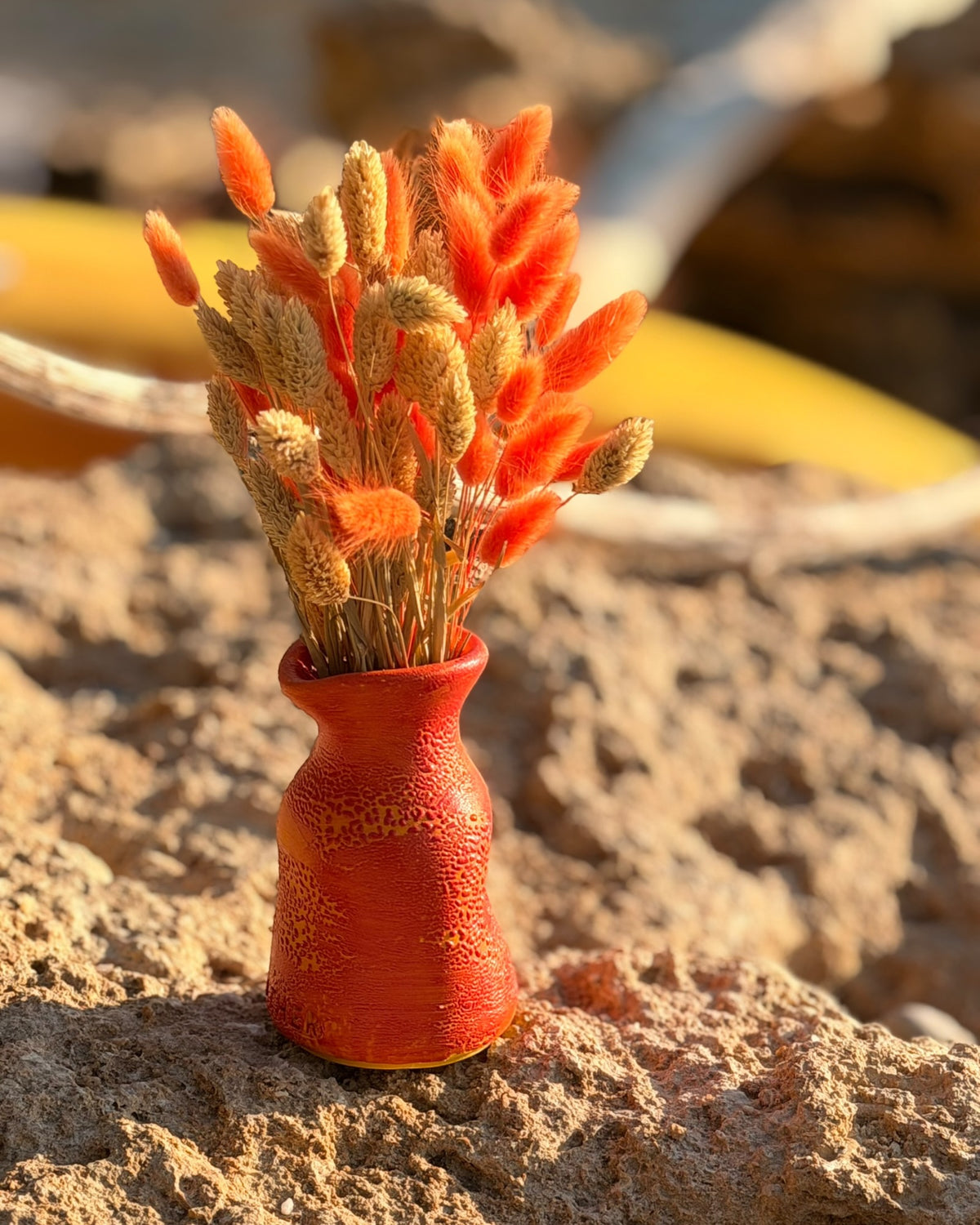 Petit Vase in Speckled Coral Red-Yellow with Dry Flowers