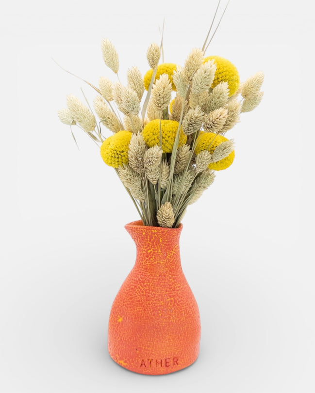 Petit Vase in Speckled Coral Red-Yellow with Dry Flowers